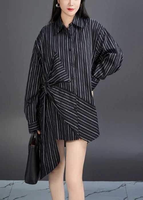 Bamboo ShirtsFrench Black Striped Button Bow Cotton Shirts Fall