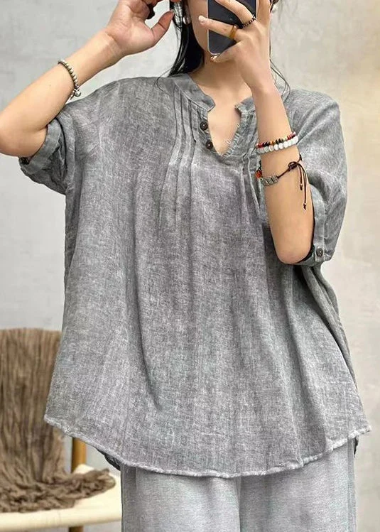 Slim Fit ShirtsGrey Button Solid Cotton Shirts Stand Collar Half Sleeve