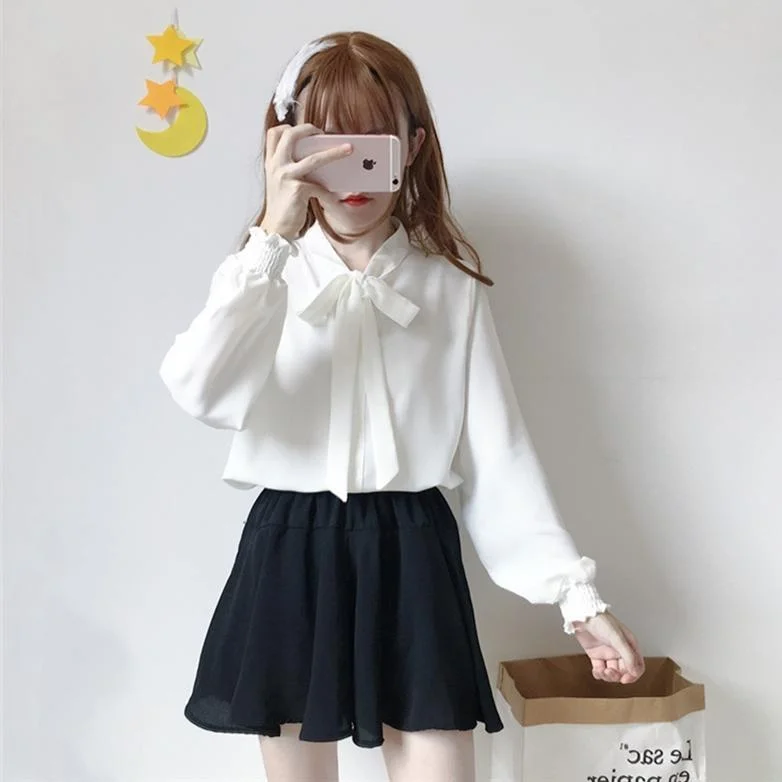 Painted ShirtsKawaii Long Sleeved Shirt With Bowknot