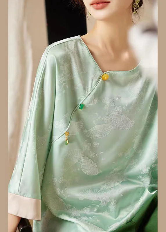 Streetwear ShirtsLoose Green Button Print Silk Shirt Bracelet Sleeve