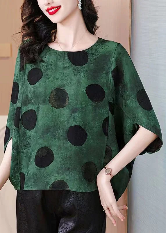 Wrap ShirtsLoose Green O Neck Print Silk Shirts Batwing Sleeve