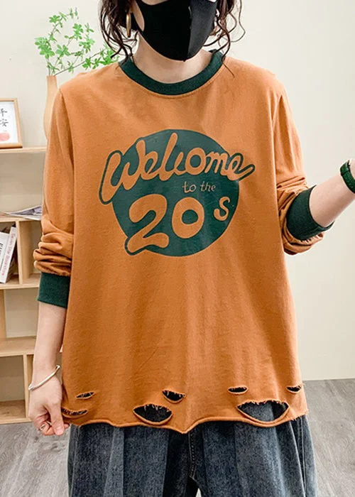 Sheer ShirtsLoose Orange O Neck Print Cotton T Shirt Fall