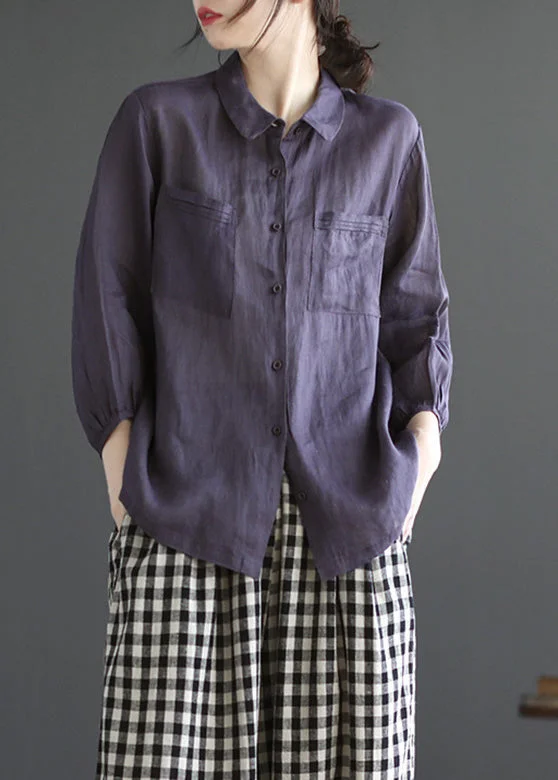 Rainproof ShirtsLoose Purple Peter Pan Collar Patchwork Button Solid Ramie Shirt Long Sleeve