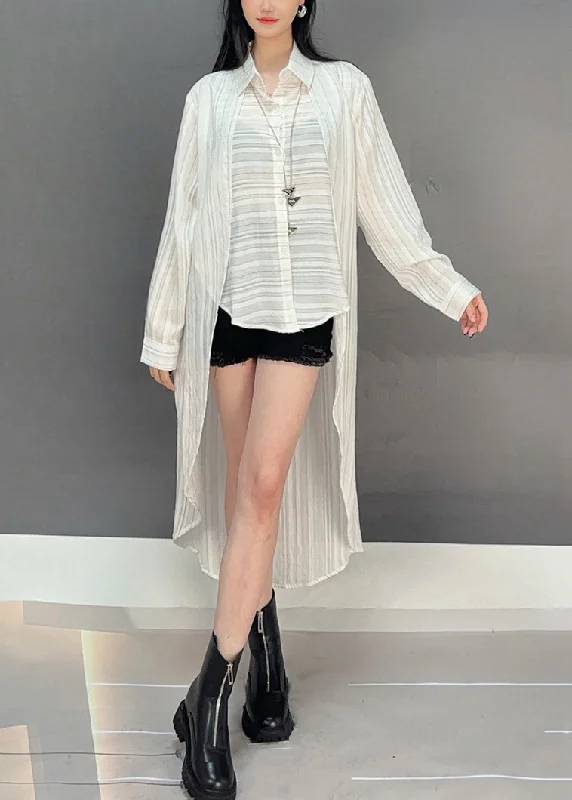 Wrap ShirtsLoose White Asymmetrical Striped Button Cotton Shirt Fall