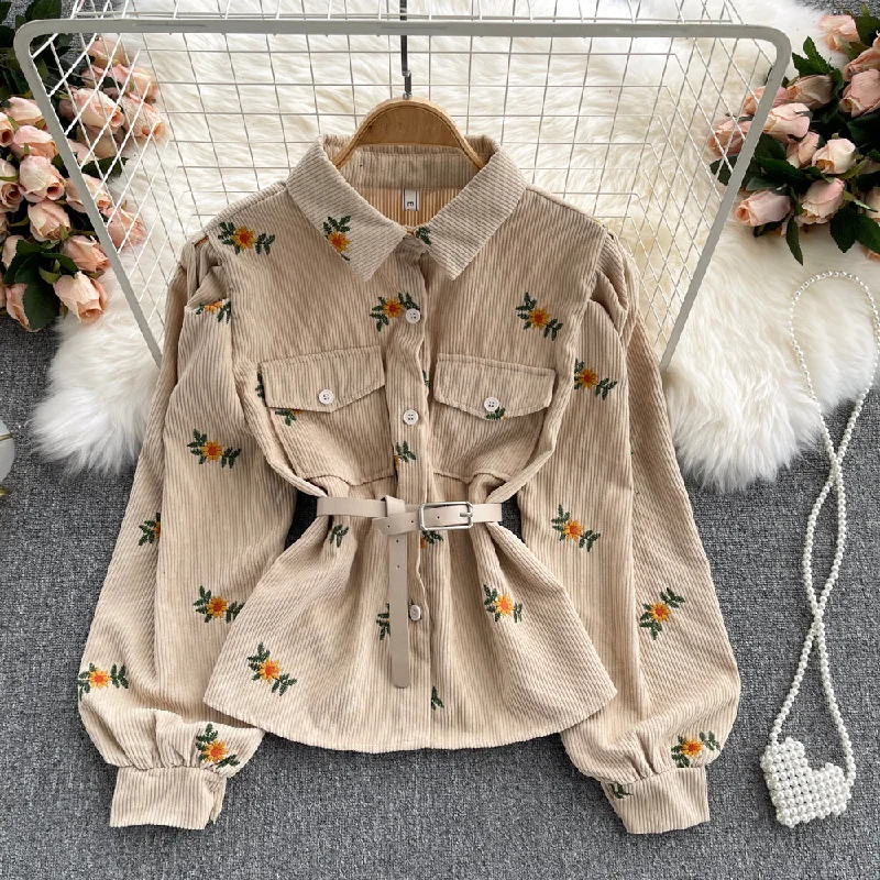 Band Merch ShirtsLovely corduroy embroidered long-sleeved shirt    S517