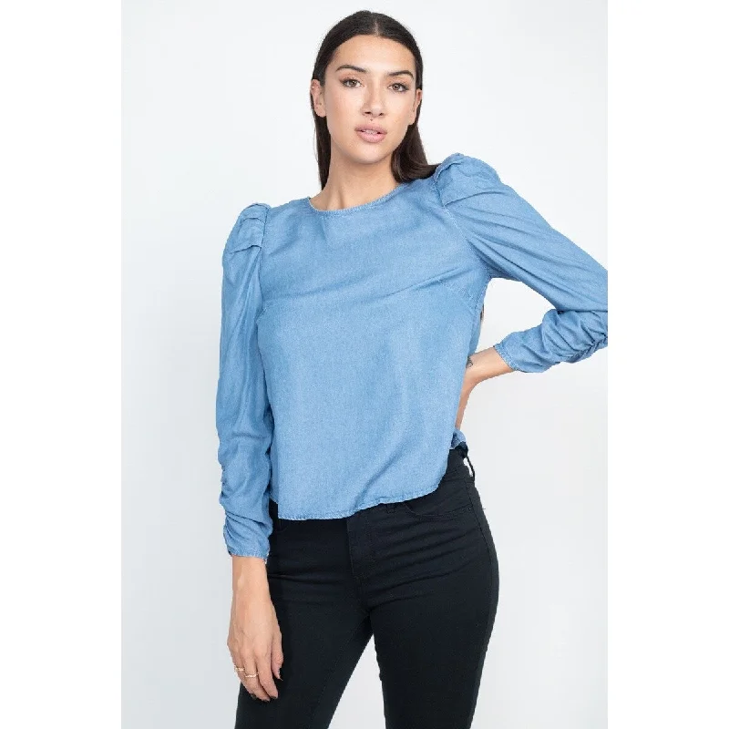 Denim backlessMedium-Wash Lyocell Shirring Puff Sleeves Denim Top