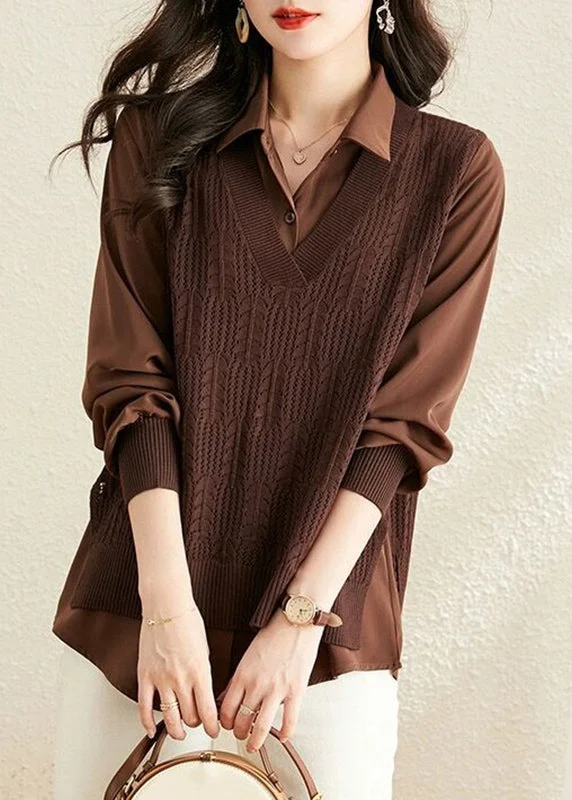 Thermal ShirtsModern Caramel Peter Pan Collar Patchwork Knit Fake Two Piece Shirts Fall