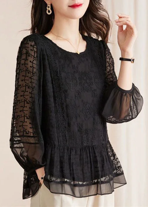 Polka Dot ShirtsNew Black Embroidered Hollow Out Lace Shirts Long Sleeve