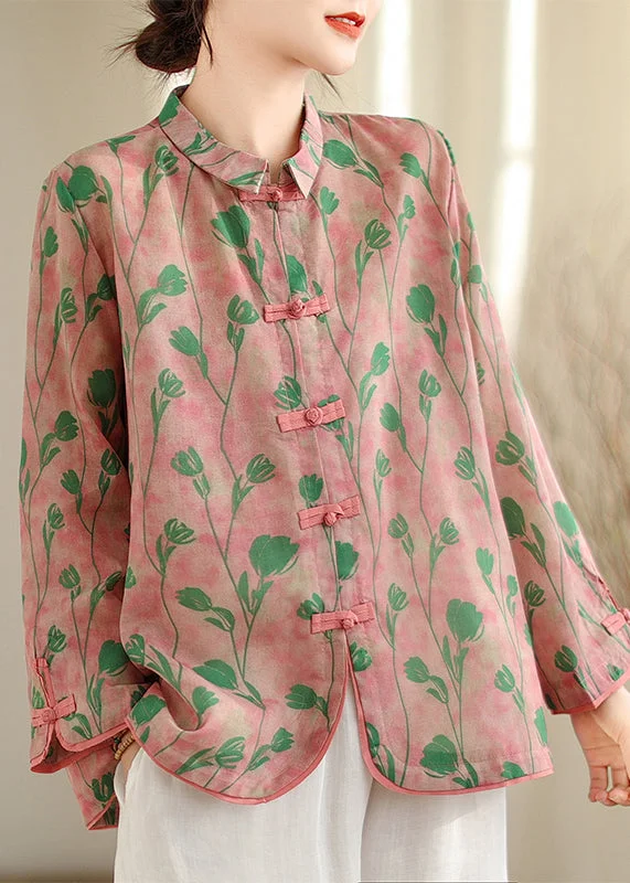 Floral ShirtsNew Retro Pink Peter Pan Collar Print Chinese Button Cotton Shirts Top Fall