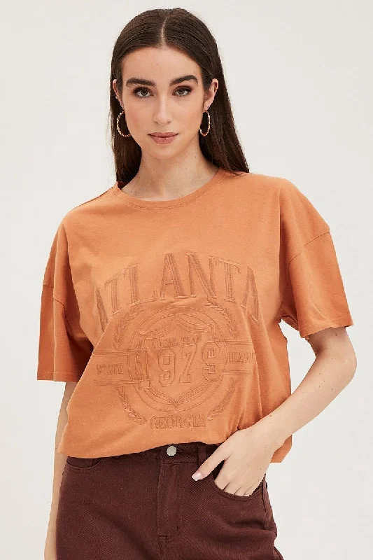 Sheer ShirtsOrange Graphic T Shirt Embroided