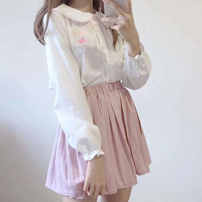 Asymmetrical ShirtsPeach Embroidered Peter Pan Collar Shirt