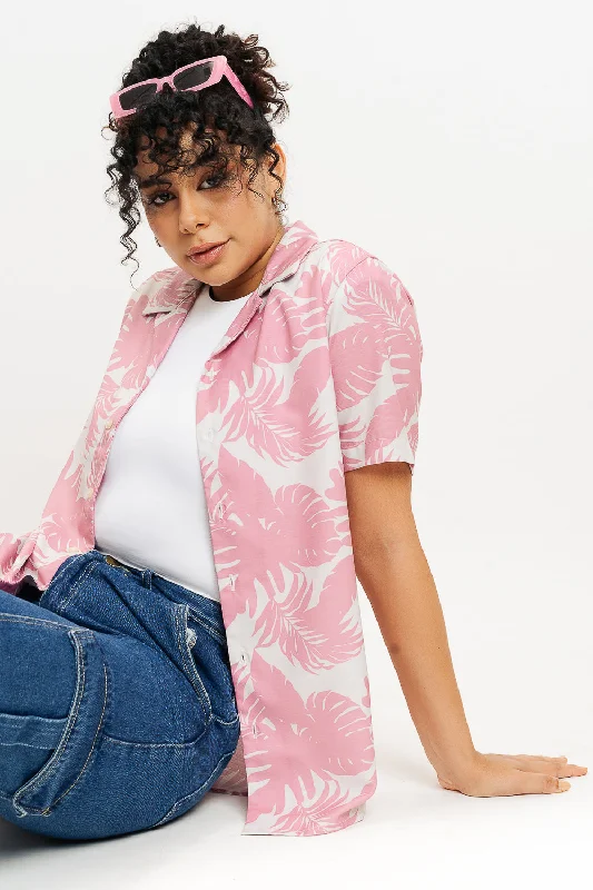 Pocket ShirtsPink Palm Leaf Print Women's Resort Shirt