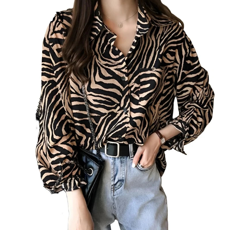 Wrap ShirtsVintage Womens Oversize Shirt Long Sleeve Loose Zebra Print Blouses Casual Streetwear Tops