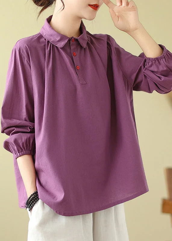 Travel ShirtsPurple Loose Cotton Shirts Peter Pan Collar Button Fall