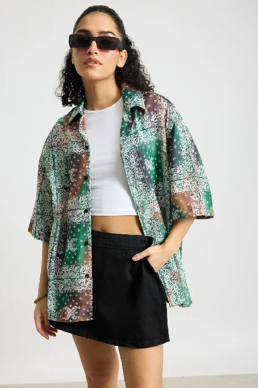 Sheer ShirtsGreen Multi Print Women's Resort Shirt