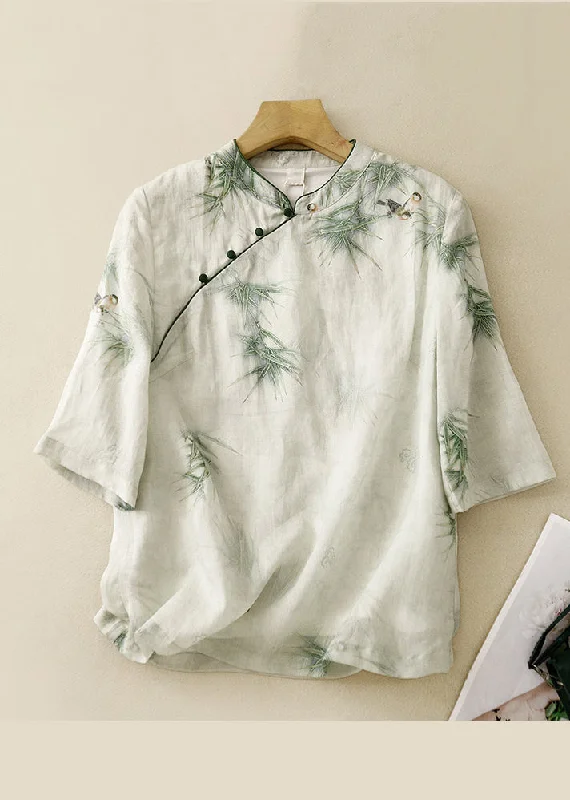 Rainproof ShirtsRetro Green Stand Collar Embroidered Linen Shirt Top Summer