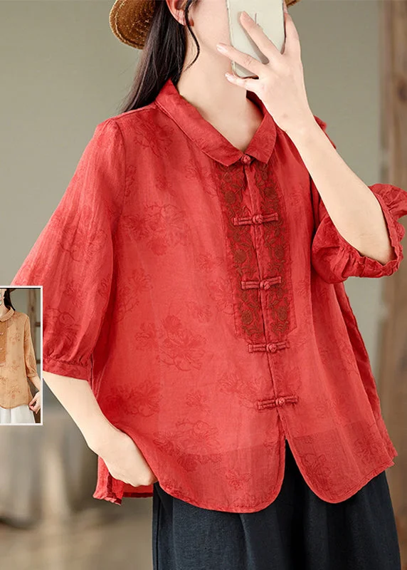 Velvet ShirtsRetro Red Peter Pan Collar Embroidered Print Shirt Summer