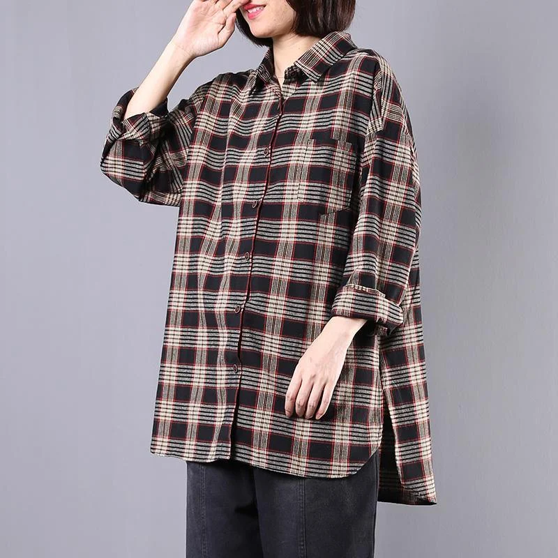 Studded ShirtsSimple Side Open Cotton Blouses for Women Shirts Navy Plaid Blouse Fall