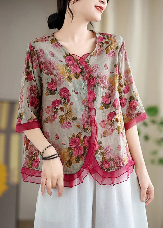 Metallic ShirtsStylish Red Floral Patchwork Organza Linen Shirts Summer