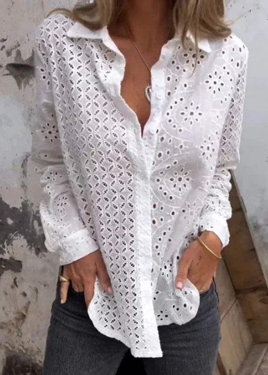 Printed ShirtsStylish White Peter Pan Collar Hollow Out Cotton Shirt Fall