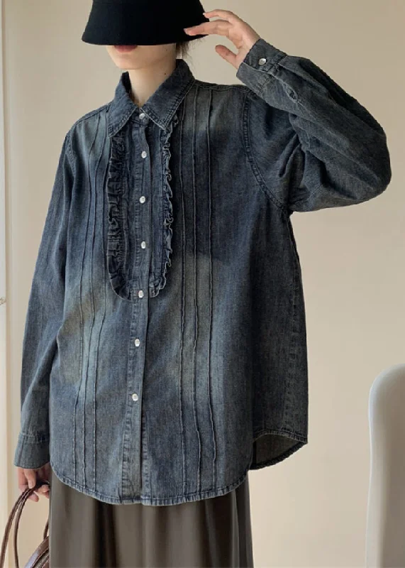 Performance ShirtsVintage Blue Ruffled Button Denim Shirt Fall