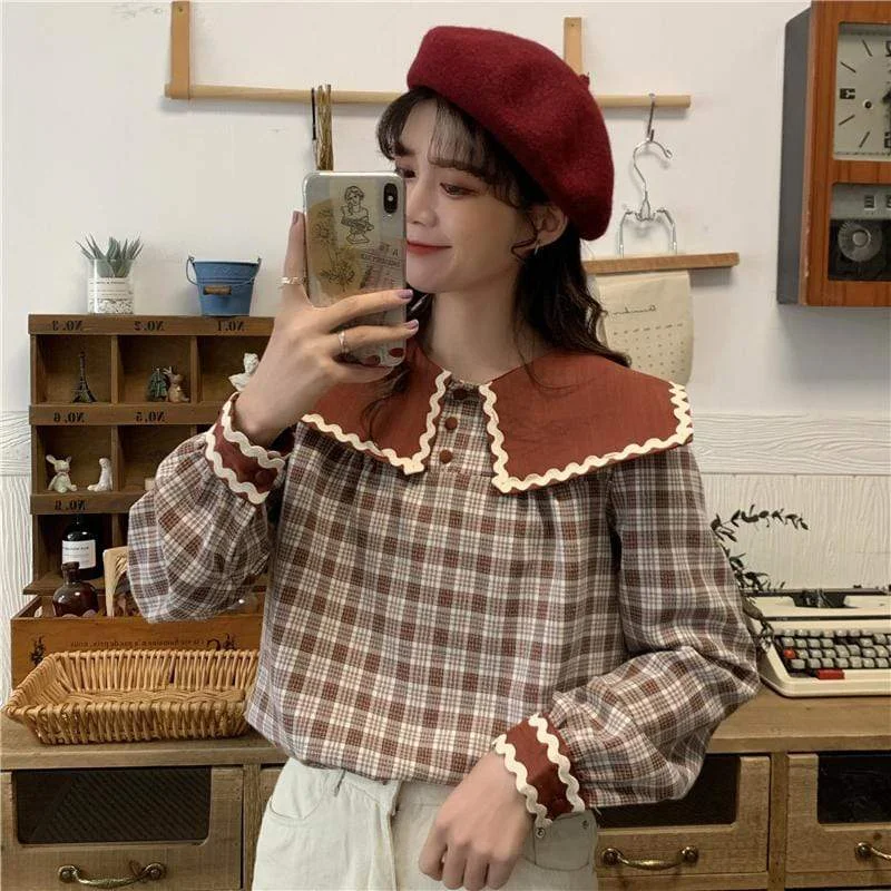 Dress ShirtsVintage Sailor Collar Plaid Shirt