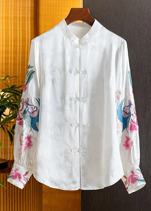 Embellished ShirtsVintage White Flower Embroidered Shirt Top Long Sleeve Fall