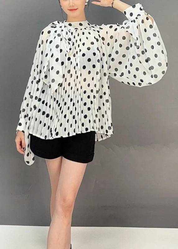 Artist ShirtsWhite Print Chiffon Shirts Lace Up Batwing Sleeve