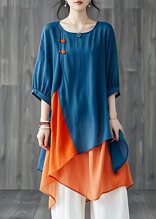 Pocket ShirtsWomen Blue Asymmetrical Patchwork Cotton Shirt Tops Summer