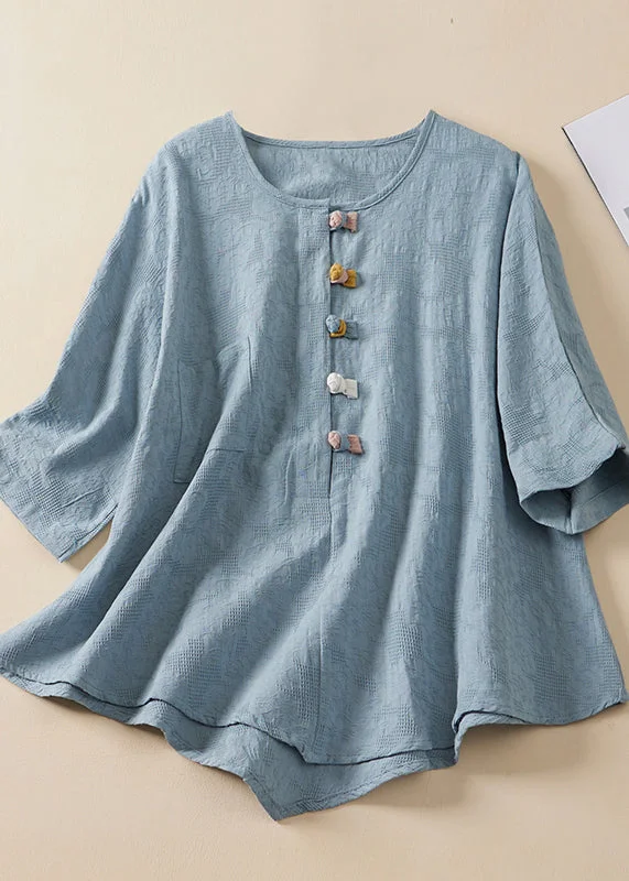 Beaded ShirtsWomen Blue O Neck Chinese Button Jacquard Linen Shirt Summer