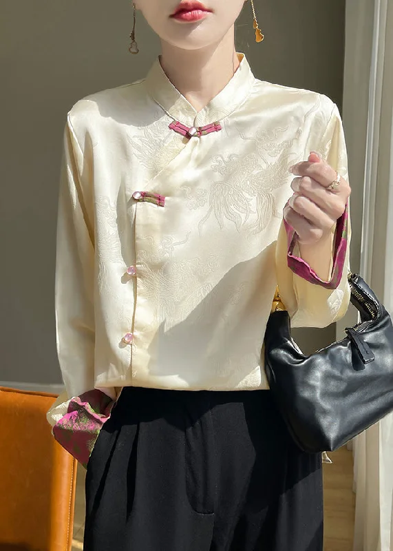 Running ShirtsWomen Champagne Stand Collar Button Silk Shirts Fall