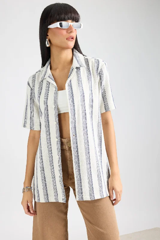 Sleep ShirtsTextured Knit Women's Shirt-White/Navy Stripes