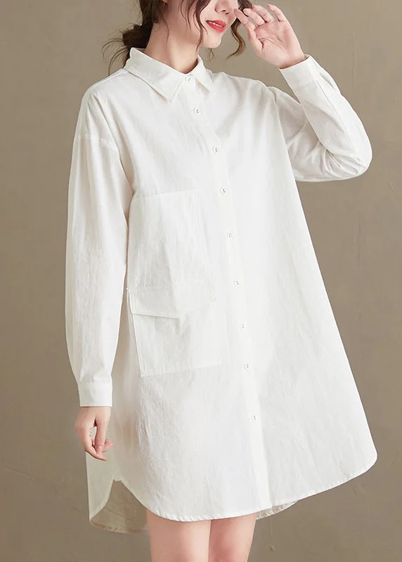 Tunic ShirtsWomen White Peter Pan Collar Pockets Cotton Shirt Top Fall