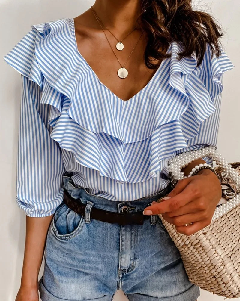 Layered ShirtsWomen's Blouse Elegant Striped Plaid Off Shoulder Ruffle Long Sleeve Sexy Shirt Fashion Office Loose Casual Tops Streetwear