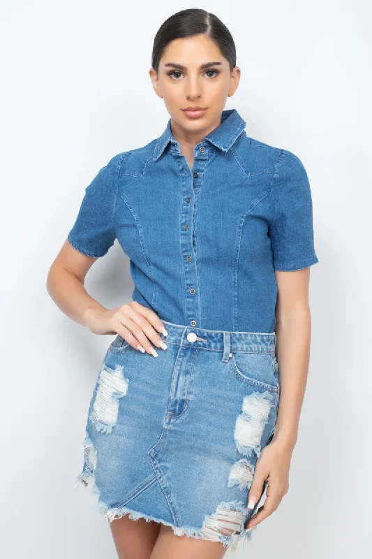 Workwear styleButton-down Collared Denim Top