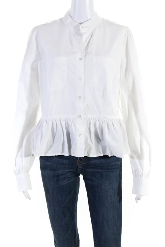 Cowboy homeFrame Denim Womens Collared Button Down Peplum Hem Blouse Top White