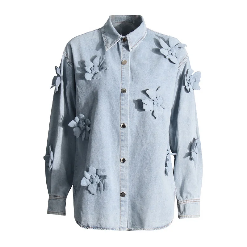 Denim skirtOversized Collared Long Sleeve Rosette Applique Button Down Denim Jacket