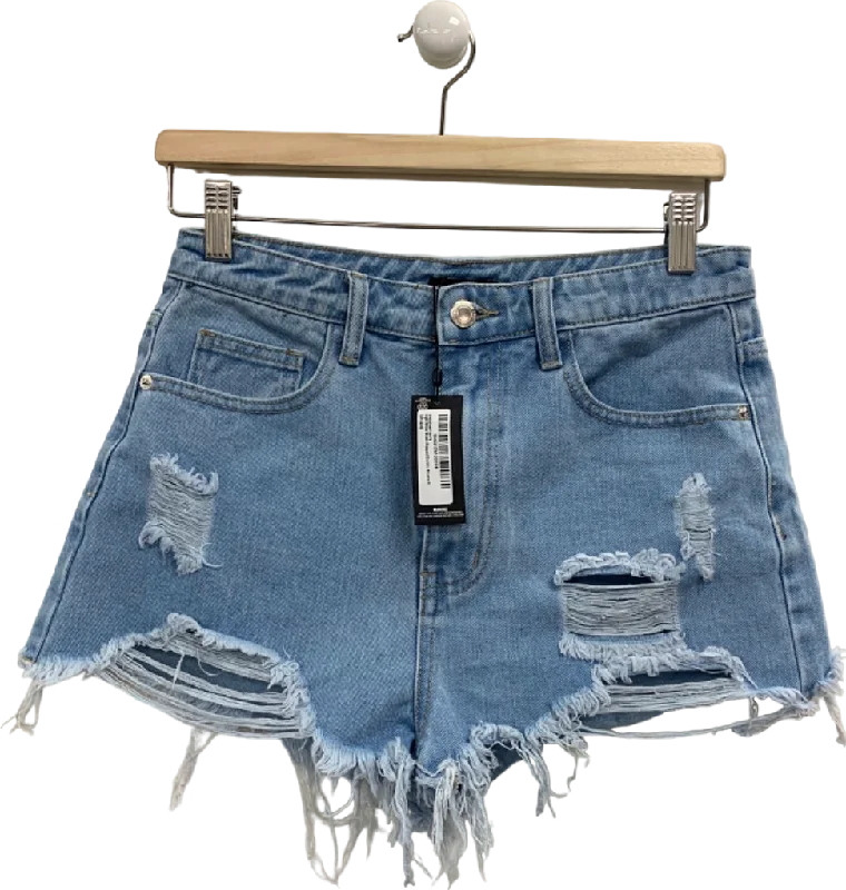 Denim with sweaterPretty Little Thing Light Blue Wash Ripped Denim Shorts UK 8