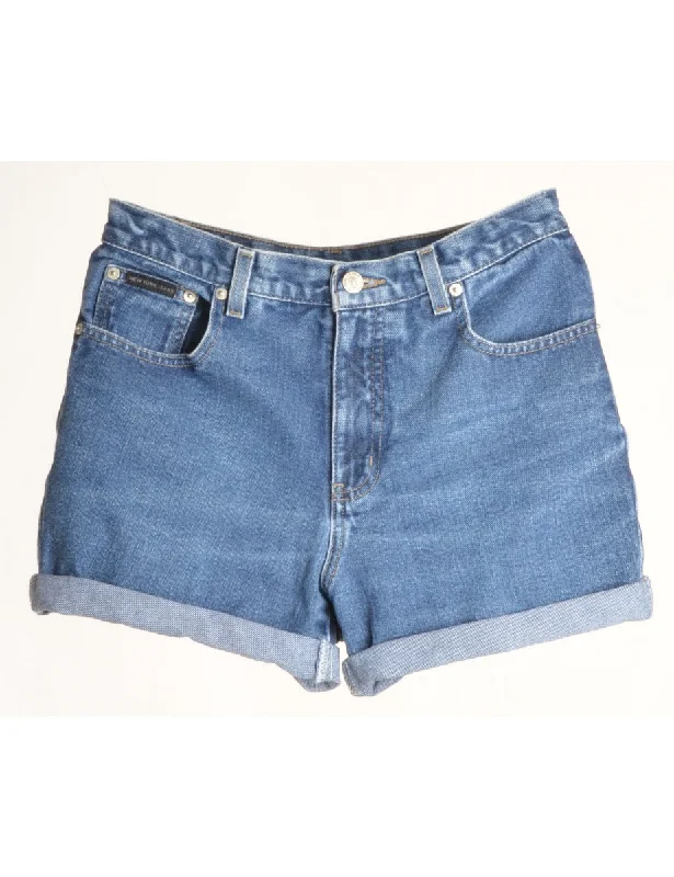 Denim patchesLabel Rolled Hem Stone Wash Denim Shorts