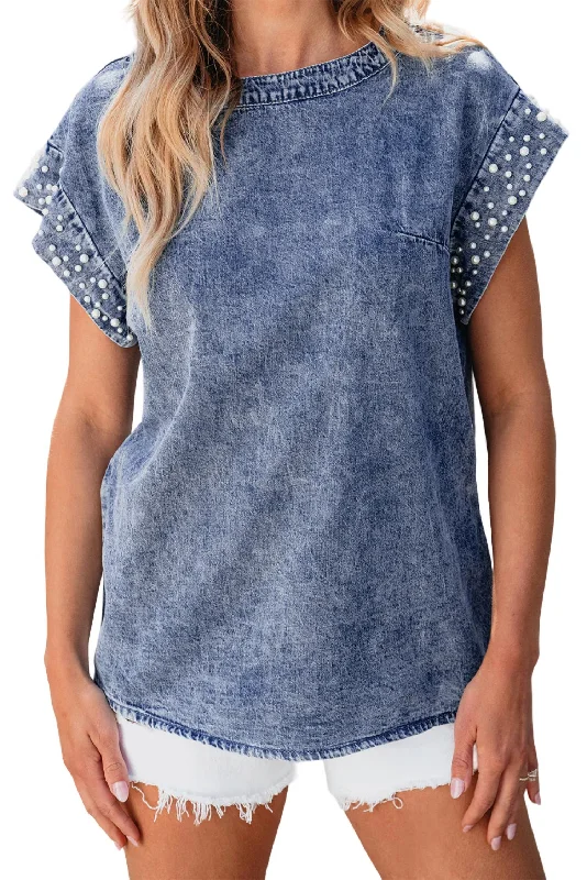 AnthropologieDenim Acid Wash Top With Pearl Embellished Sleeves In Dusk Blue