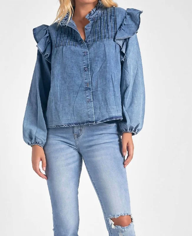 Denim beadsDenim Long Sleeve Ruffle Top In Blue