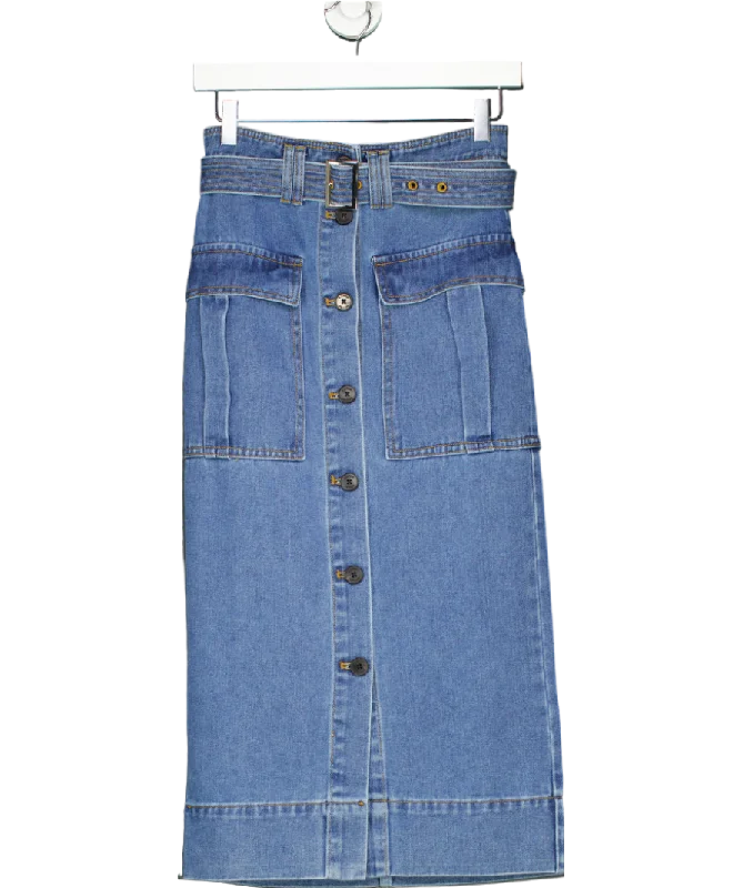 Western styleKaren Millen Blue Denim Cargo Pocket Belted Midi Skirt UK 8