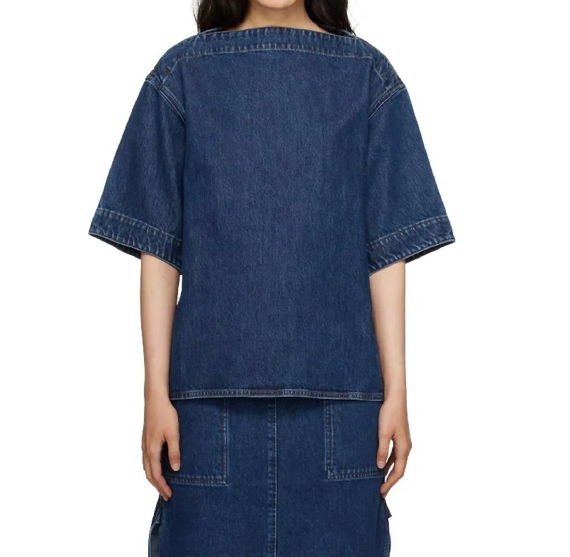 Denim patchworkDart Neck Denim Top In Dark Blue