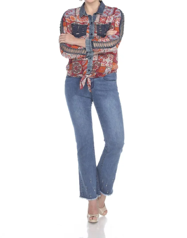 Street denimMulti Colored Tie Front Denim Chiffon Blouse With Lattice Sleeve