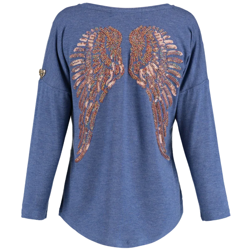 Denim high waistAngel's Face Girls Long Sleeve Slouch Wings Sequin Top - Denim Blue