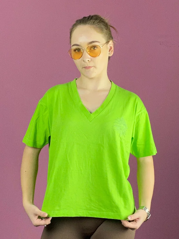 90s Versace Sport Vintage Women's V Neck T-Shirt - L Green CottonRetro T-Shirts