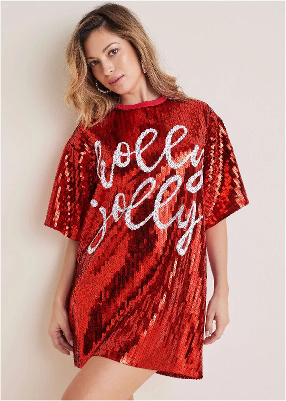 Sequin T-Shirt Dress - Red & WhiteOff-Shoulder T-Shirts