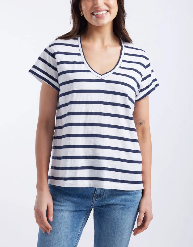 Turn Back V Neck T-Shirt - White/Navy StripeSlim Fit T-Shirts