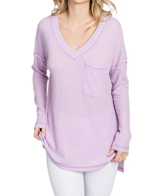 Waffle Knit V-Neck Long Sleeve T-Shirt In LilacBranded T-Shirts