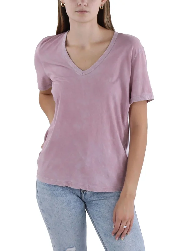 Womens V Neck Faded Trim T-ShirtBlended Fabric T-Shirts